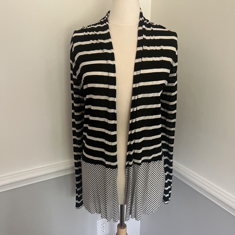 Three Dots Cardigan Size Medium Black White Stripe Stretch Knit Lightweight